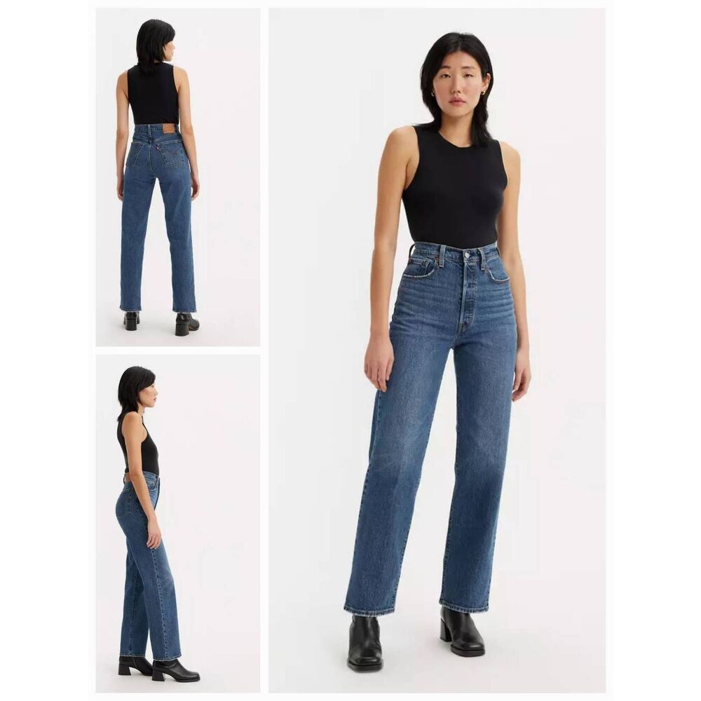 Levi's Ribcage Straight Ankle Jeans Button Fly Mid / Dark Wash Sz. 32